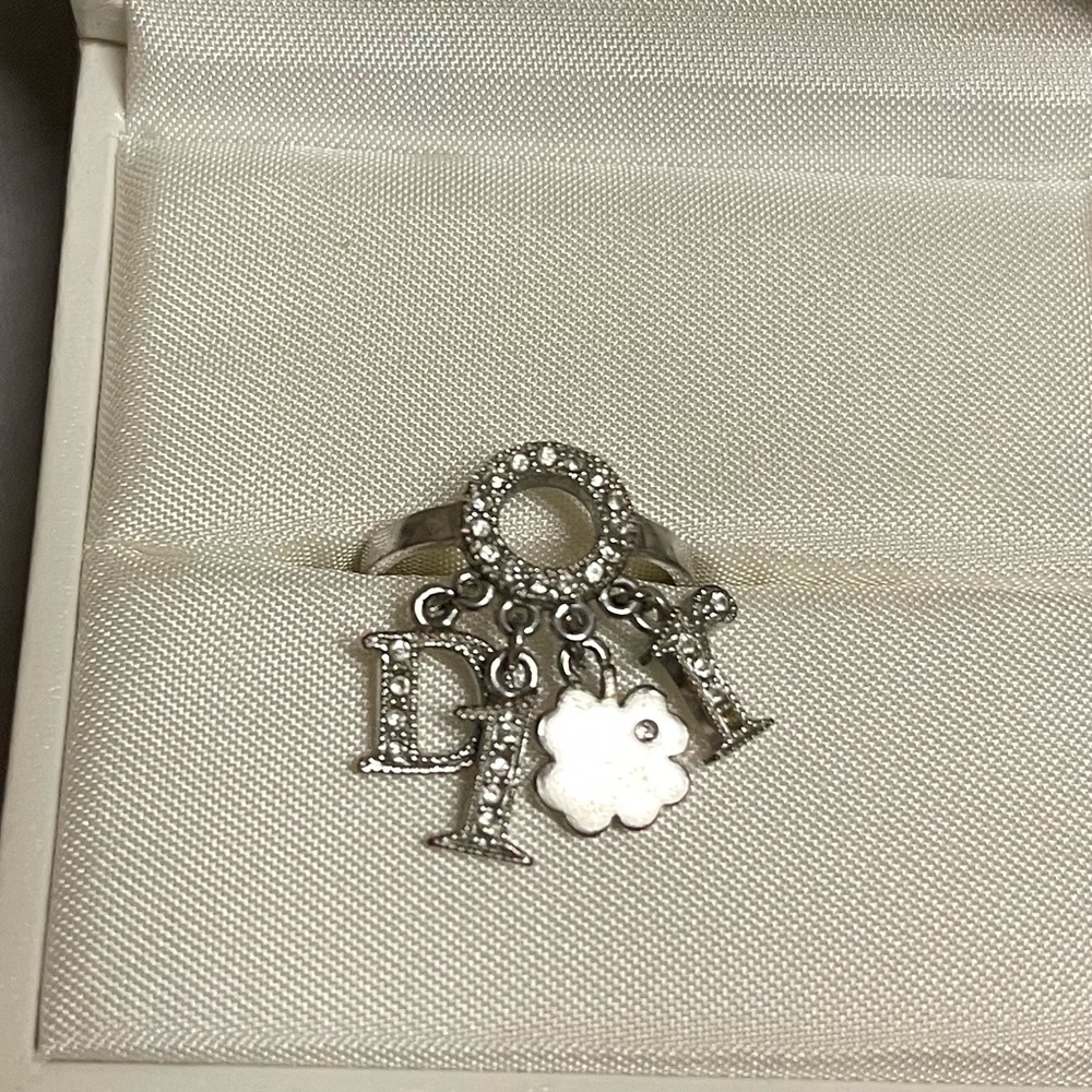 Dior silver crystal dangle charms with clover ring size 4, authentic